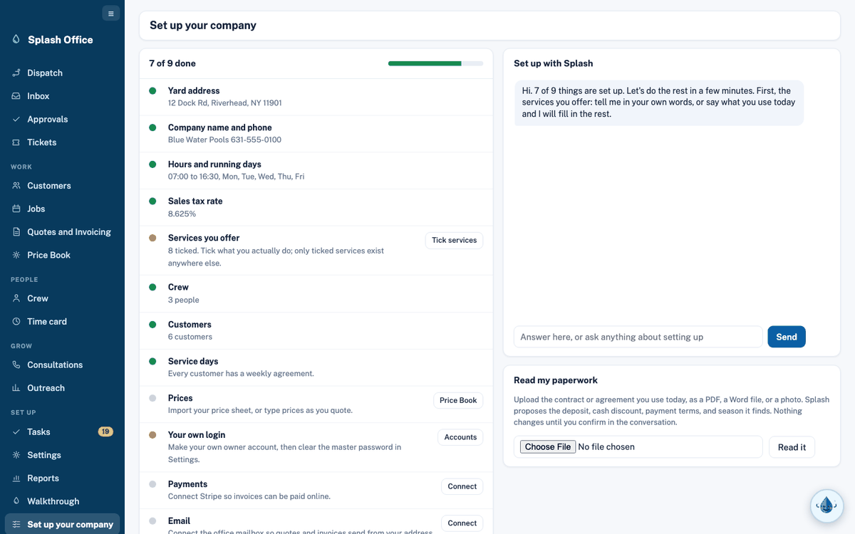 The setup page: a board of what is done and the conversation with Splash beside it